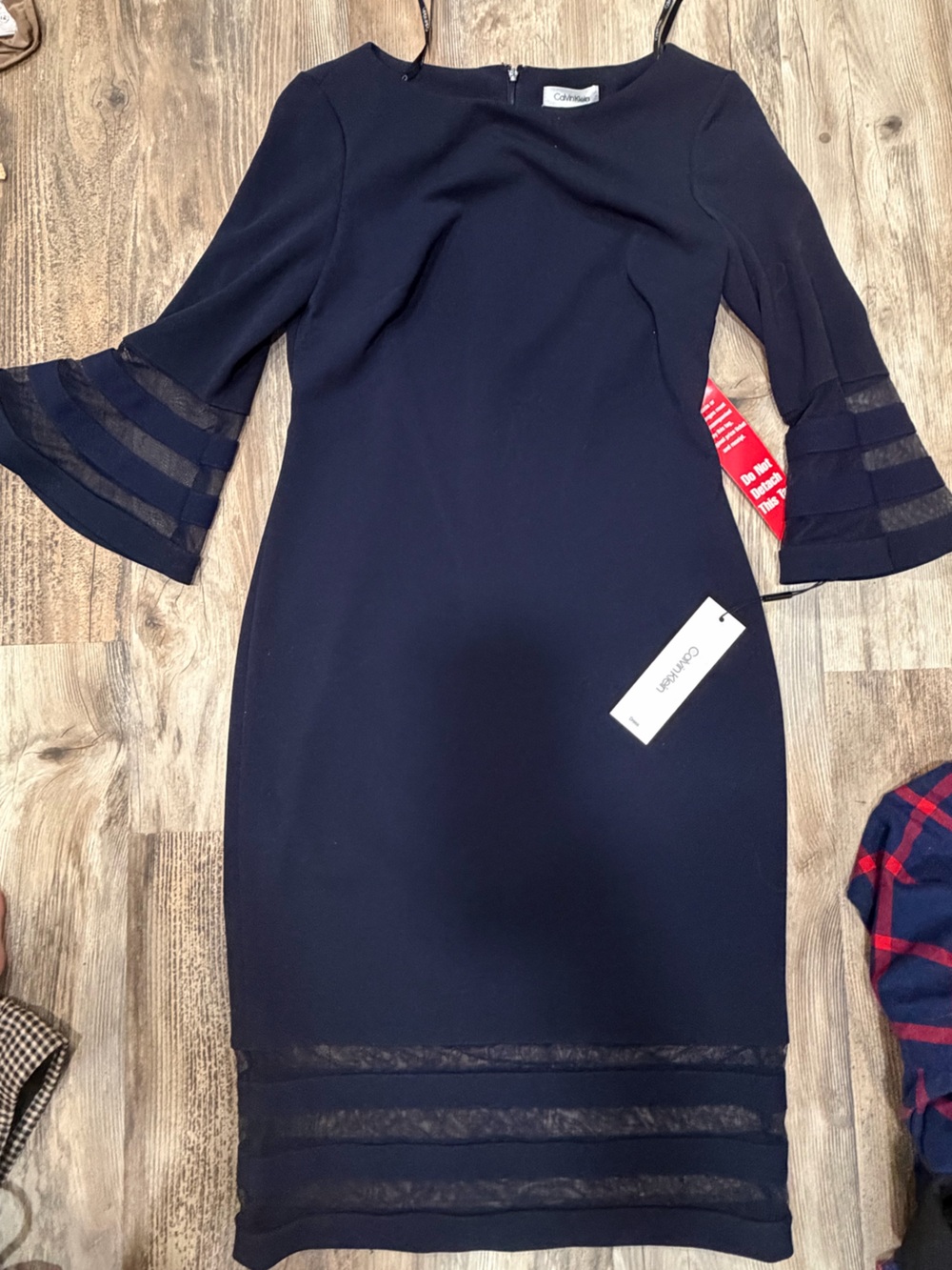Calvin Klein Navy Midi Dress with Sheer Stripe Bell Sleeves